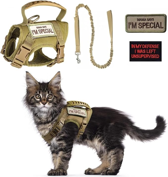 Tactical Cat Harness and Leash Set for Walking Escape Proof Adjustable Large Cat Vest Harness with Patches Soft Mesh Padding Rubber Handle Easy to Control (Khaki Harness & Leash)