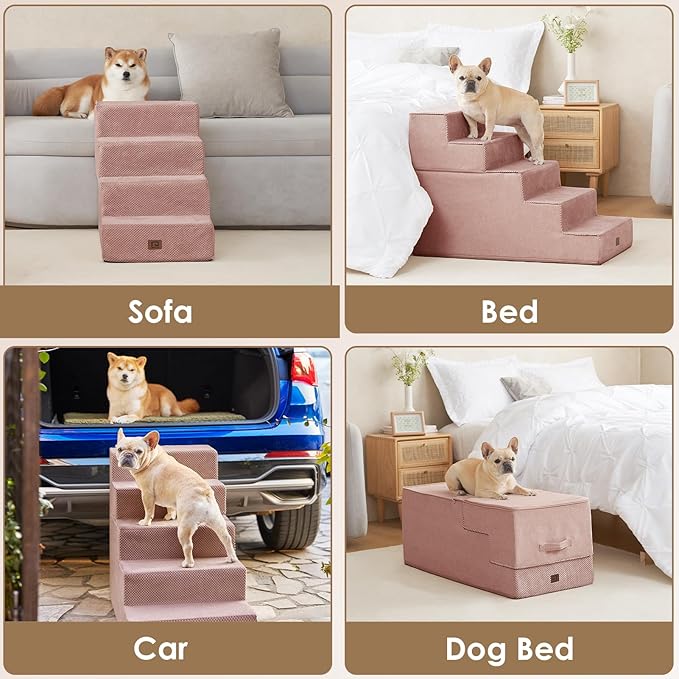 EHEYCIGA Dog Stairs for Bed 20”H, 4-Step Extra Wide Dog Steps for High Bed, Pet Steps for Small Dogs and Cats, Non-Slip Balanced Dog Indoor Ramp, Pink