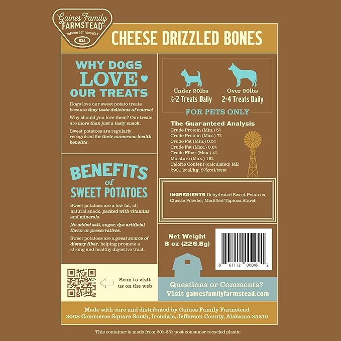Gaines Family Farmstead Cheese Drizzled Sweet Potato Dog Bones - 8 oz Grain-Free, All-Natural Dog Treats for Digestion, Skin, Energy & Immunity – Limited Ingredient, Made in USA
