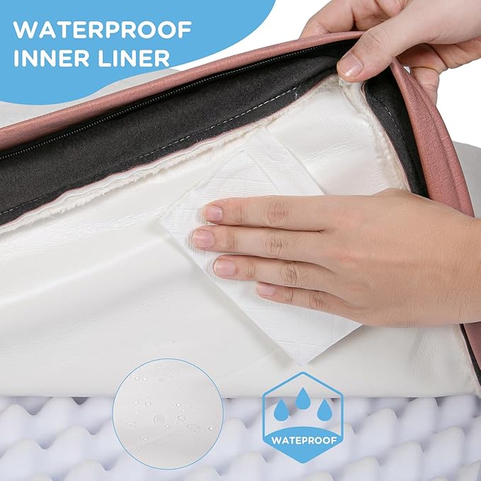 Orthopedic Dog Bed for Large Dogs, Waterproof Deluxe Plush Dog Crate Bed with Removable Washable Cover & Anti-Slip Bottom, Egg Crate Foam Pet Bed Mat, 35 x 22 Inches, Pink