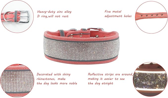 Bling Diamond Dog Collar for Females Girls,Soft Velvet Leather with Fancy Sparkly Crystal Rhinestones,Reflective Stripe,Suit Medium Large Dogs (Pink, S)