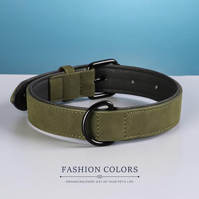 Didog Soft Padded Leather Dog Collar, Breathable Heavy Duty Dog Collar Faux Leather with Adjustable Rust-Proof Metal Buckle for Small Medium Large Dogs, Dark Green, L Fit Neck 13-17"(22-44 lbs)