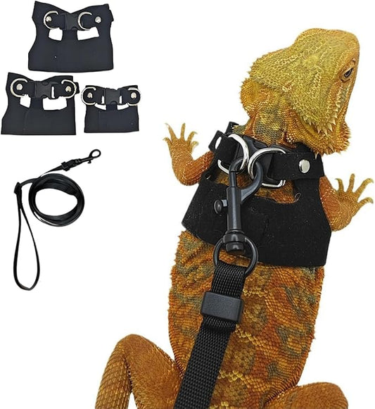 3 Pack Bearded Dragon Harness and Leash Set - Adjustable Soft Leather Lizard Harness Leash Small Animal Traction Rope Training Walking Vest Accessories for Reptile Squirrel Rat (Black)