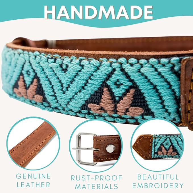 Western Dog Collar – Leather Dog Collar Embroidered Design for Small Medium Large Dogs & Puppy Pets - Aztec & Southwest for Boy and Girl Female & Male Dogs - Collar Para Perros (Small, Teal)