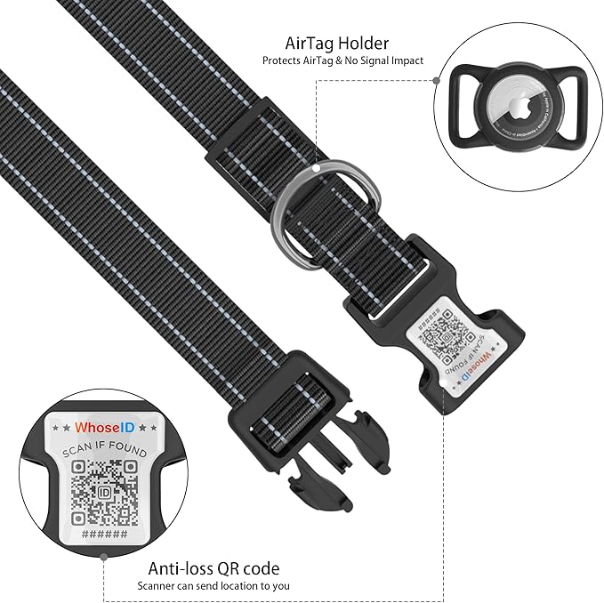 Dog Collar with QR Code, Reflective Dog Collar, Soft Neoprene Padded & Safety Locking Buckle Adjustable Pet Collar (Black, L-with Airtag Holder)