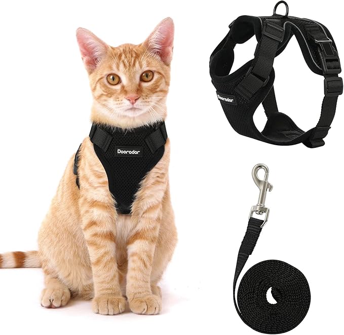 Dooradar Cat Harness and Leash Set, Escape Proof Safe Adjustable Kitten Vest Harnesses for Walking, Easy Control Soft Breathable Mesh Jacket with Reflective Strips for Cats, Black, S