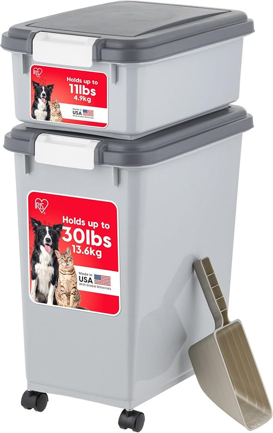 IRIS USA Dog Food Storage Container, 30 lbs & 11 lbs Combo, Cat Food Storage Container, Dog Treat Container, Airtight, Stackable, 2-Cup Scoop, Wheels, Easy Mobility, Gray