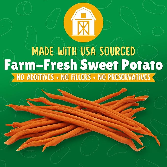 Sweet Potato Straws Dog Treats 7oz. – All Natural, Chewy Veggie Treats for Small & Medium Dogs – Training Reward Made in USA – Shareable Small Treats