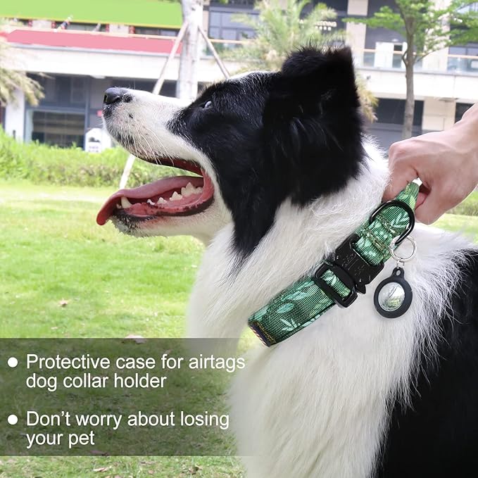 Hotsky Tactical Dog Collar, Adjustable Military Training Nylon Airtag Collar with Handle and Heavy Duty Metal Buckle for Medium Large Dogs, with Airtag Holder and Two Patches(Leaves,XL)