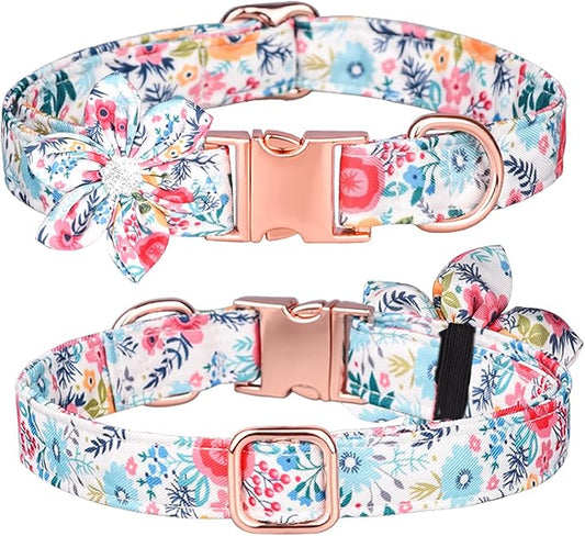 Floral Pattern Puppy Collar - Cute Dog Collar with Detachable Rhinestone Flower for Female Dogs (S, White)