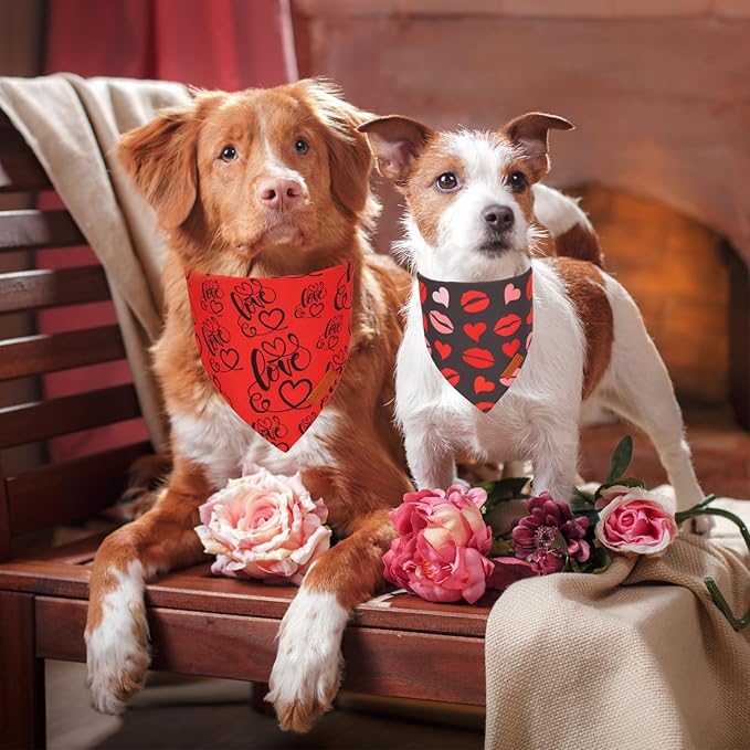 PTDECOR Valentine Dog Bandana,Black Red Lip Love Heart Design Reversible Dog Scarf, Triangle Valentine Bandanas for X-Large Pets (X-Large)
