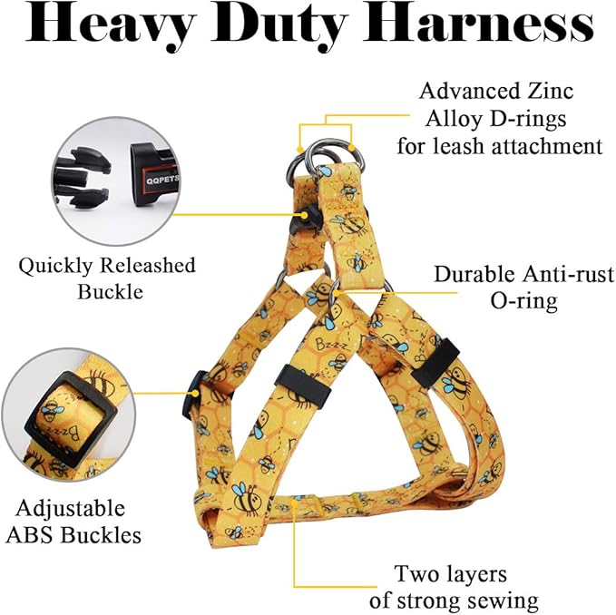 QQPETS Dog Harness Leash Set Adjustable Heavy Duty No Pull Halter Harnesses for Small Medium Large Breed Dogs Back Clip Anti-Twist Perfect for Walking (L(23"-32" Chest Girth), Yellow Bee)