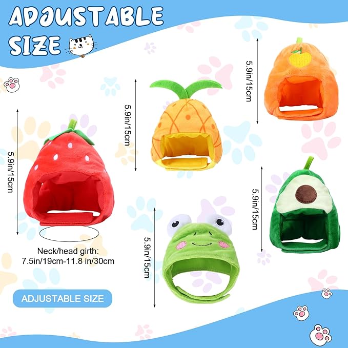 Weewooday 5 Pcs Cat Adorable Costume Bunny Hat with Ears Funny Mane Cat Hat for Pets and Small Dogs Kitten Puppy Party Costume Accessory Headwear(Avocado, Orange, Strawberry, Pineapple, Frog)