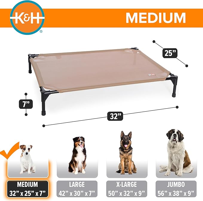 K&H Pet Products Cooling Elevated Dog Bed, Outdoor Raised Cot with Waterproof Breathable Mesh for Medium Dogs, Portable Place Bed with Heavy-Duty Metal Frame & Hammock Style Cover - Medium Tan