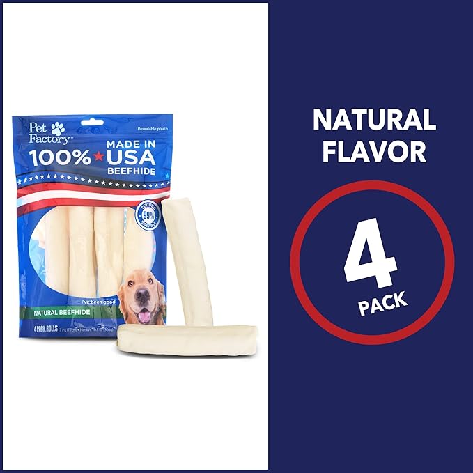 Pet Factory 100% Made in USA Beefhide 7" Rolls Dog Chew Treats - Natural Flavor, 4 Count/1 Pack