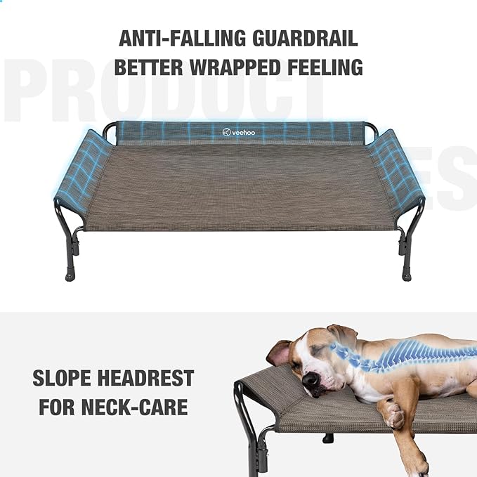 Veehoo Cooling Elevated Dog Bed, XL Raised Pet Cot with Guardrail & Slope Headrest, Durable Breathable Teslin Mesh, Non-Slip Feet, Washable Dog Couch Bed for Indoor & Outdoor, 50.5" x 33.5, Brown