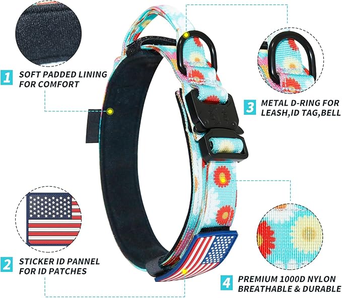 Hotsky Tactical Dog Collar, Adjustable Military Training Nylon Airtag Collar with Handle and Heavy Duty Metal Buckle for Medium Large Dogs, with Airtag Holder and Two Patches(Daisy,XL)