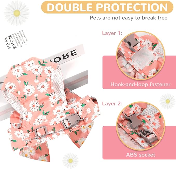BAEJMJK Dog Harness and Leash Set with Bow Knot No Pull Pet Daisy Floral Harness with D-Ring Soft Mesh Dog Harness Vest Set Escape Proof Princess Puppy Harness for Small Girl Dogs Cats(Pink S)