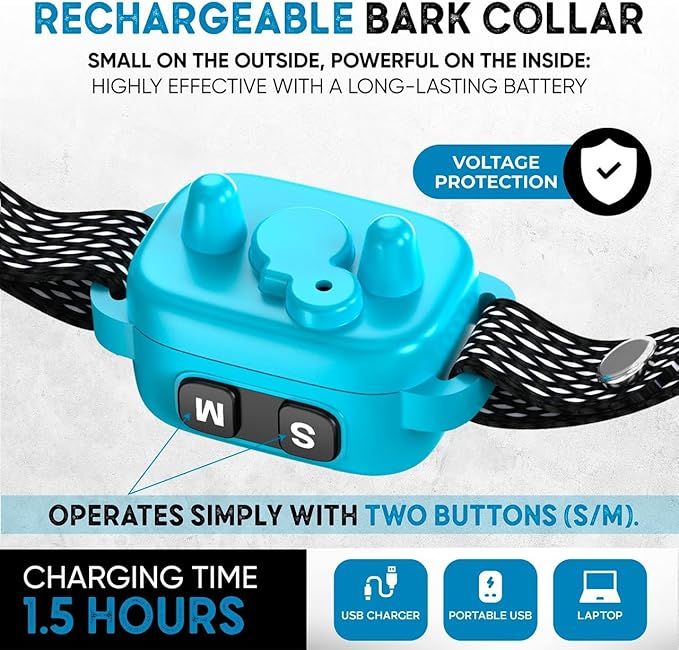 Tiny Bark Collar for Small Dogs 5-15 lbs and Puppies - No Shock Anti Barking Collar - Rechargeable Smart Collar for Dog Training with 7 Sensitivity Levels and 3 Beep&Vibration Modes (Blue)