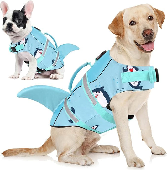 AOFITEE Dog Life Vest for Swimming, Shark Dog Life Jacket Large, High Flotation Dogs Swimming Vest with Rescue Handle and Reflective Stripe, Dogs Lifesaver Swimsuit for Boating Summer Pool Beach, XL