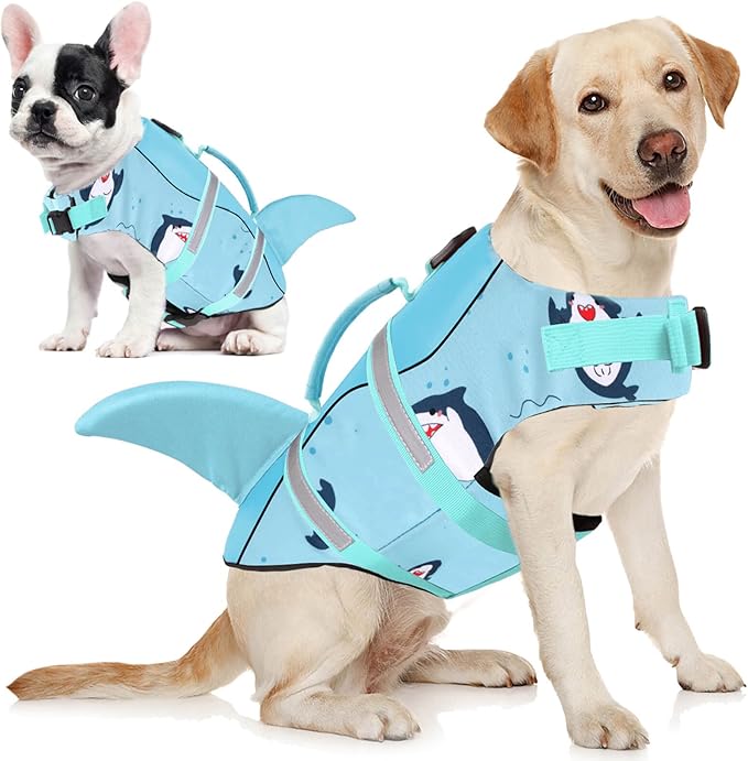 AOFITEE Dog Life Jacket, Shark Dog Life Vest for Swimming Boating, High Flotation Pet Lifesaver with Rescue Handle, Reflective French Bulldog Lifejacket, Life Jackets for Small Medium Large Dogs, M