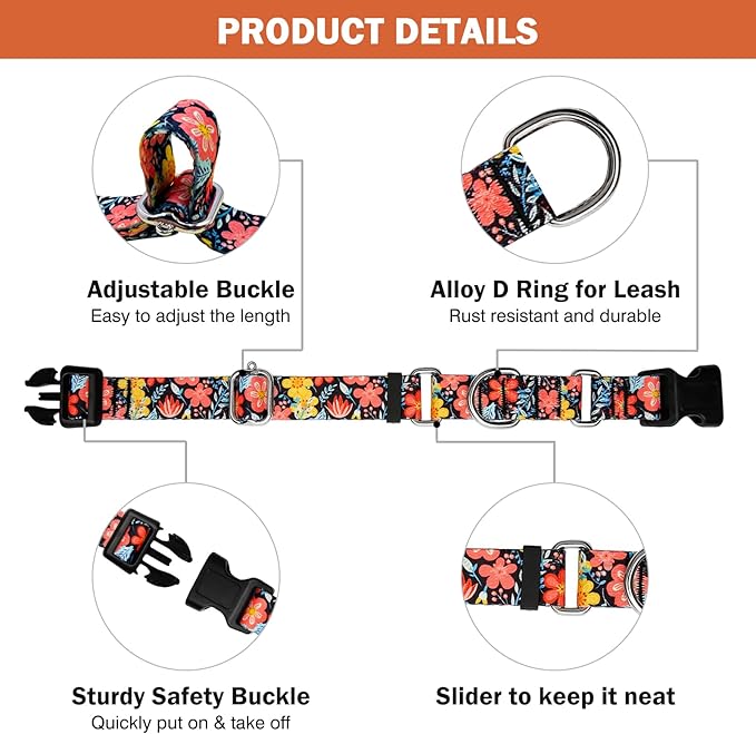 Hikiko Martingale Collar for Dogs Cute Floral Dog Collar for Small Medium Large Dogs Soft Nylon Adjustable Dog Collars (Flower Grass,Large)