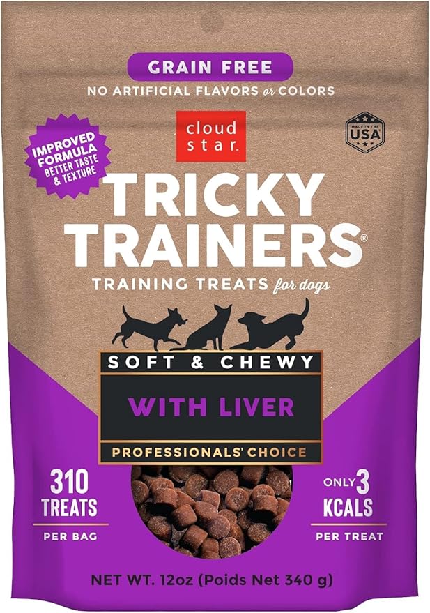(3 Pack) Cloud Star Tricky Trainers Crunchy Low Calorie Training Dog Treat 14 oz, Cheddar, Liver, and Salmon with 10ct Pet Wipes