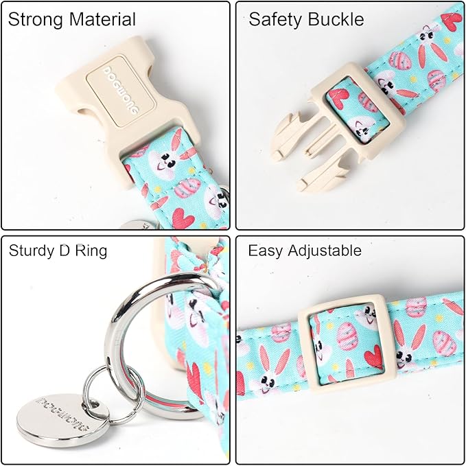 DOGWONG Easter Dog Collar, Blue Bunny Egg Dog Collar Soft Durable Adjustable Costume Cute Rabbit Easter Puppy Collar for Small Medium Large Dog