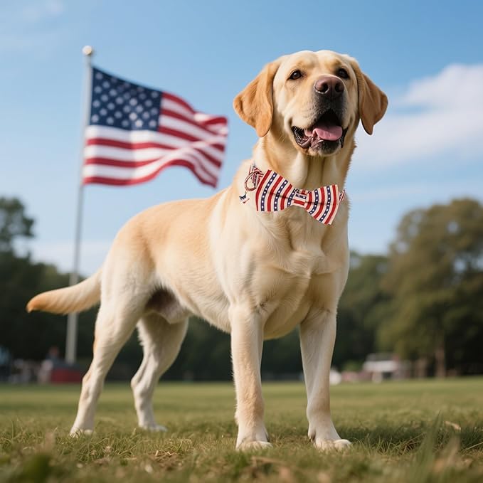 ADOGGYGO American Flag Dog Collar with Bow, Detachable Striped Star Bow, Metal Buckle, Adjustable Patriotic 4th of July Collars for Large Dogs Boy Girl Male Female (X-Large)