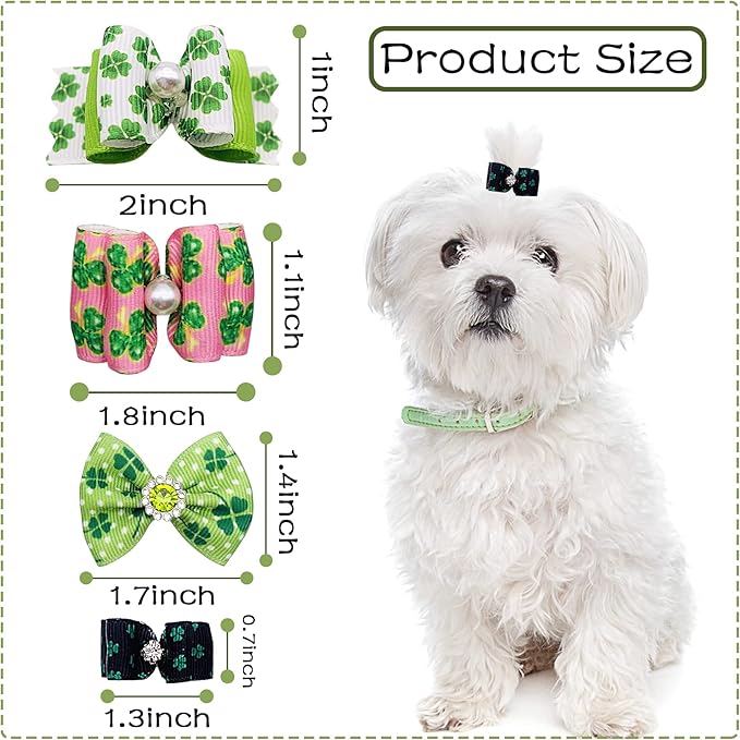 PET SHOW 20pcs St. Patrick's Day Small Dog Hair Bows with Rubber Bands for Medium Dogs Green Clover Puppies Cats Kittens Rabbits Topknot Grooming Costumes Hair Accessories
