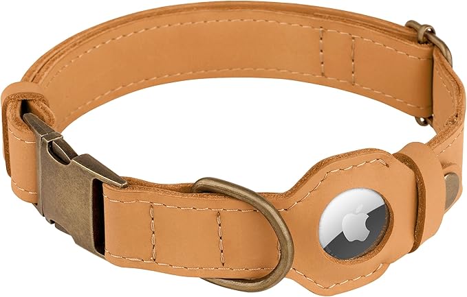 AirTag Dog Collar - Genuine Leather Dog Collar with Apple AirTag Holder and Metal Buckle - Smart GPS Tracking Pet Collars for Small Medium Large Dogs Puppy (Light Brown, L, 17"-21" Neck Fit)