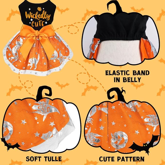 Wickedly Cute Dog Dresses - Halloween & Christmas Pumpkin Witch Bat Costume for Small & Large Dogs (XX-Small, Wickedly Cute)