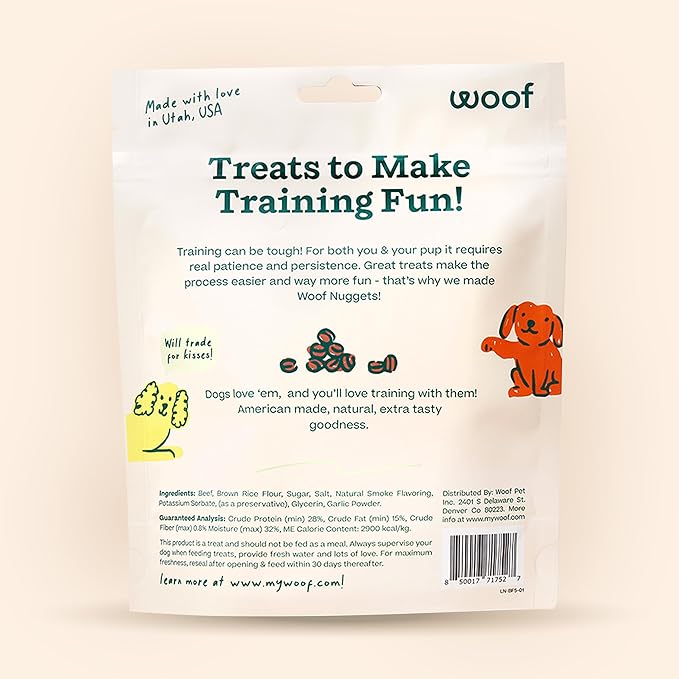 WOOF Love Nuggets, Made in The USA Dog Treats for Training, Jerky for Dogs, Bite-Sized Beef Training Treats