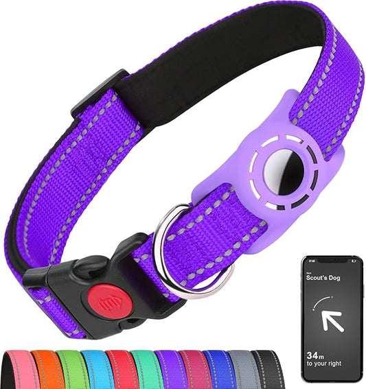 Airtag Dog Collar with AirTag Holder for Puppy Small Dogs, Reflective, Soft Padded & Safety Locking Buckle, Nylon Pet Collars Adjustable for All Breeds, Purple,XS