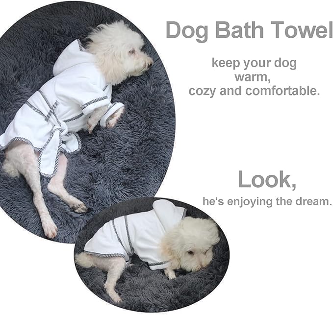 Dog Bathrobe, Microfiber Fast Drying Absorbent Hooded Bath Towel White for Puppy Small Medium Large Dog Cat (S, White)