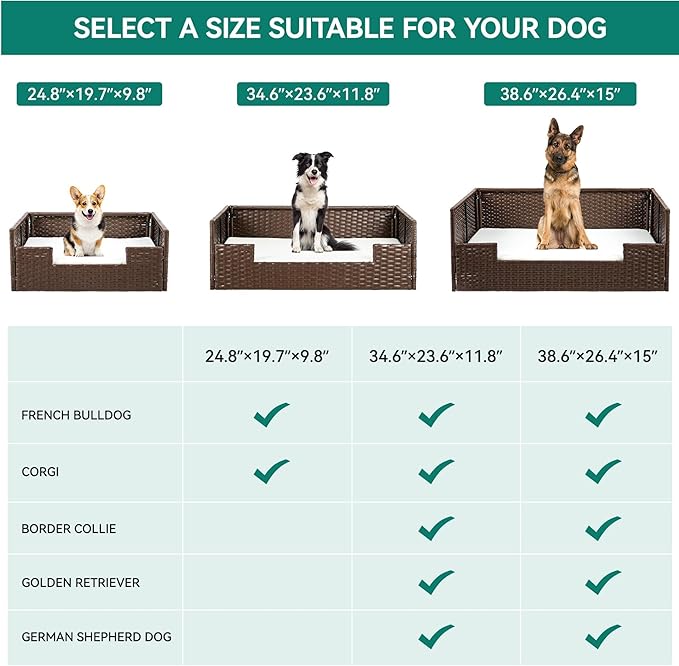 YITAHOME Rattan Dog Sofa Bed with Cushion,Wicker Pet Bed Sofa Couch Indoor Outdoor Water Resistant for Large Medium Small Dogs Cats (38.6''L*26.4''W*15''H,Beige)