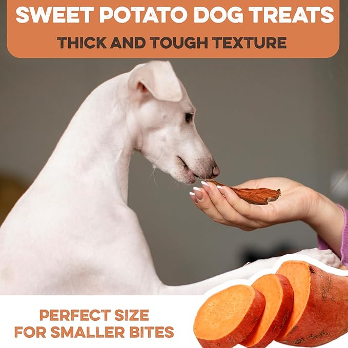 Sweet Potato Slices For Dogs - Half Slices, 2 lbs - Single Ingredient Grain Free Dog Treats, Best High Anti-Oxidant Healthy 100% Natural Thick Cut Dried Sweet Potato Dog Treats, No Added Preservatives