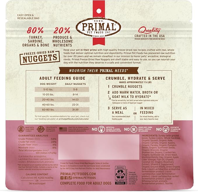 Primal Freeze Dried Raw Dog Food Nuggets, Turkey & Sardine, Complete & Balanced Meal, Also Use as Topper or Treat, Premium, Healthy, Grain Free, High Protein Raw Dog Food, 5.5 oz