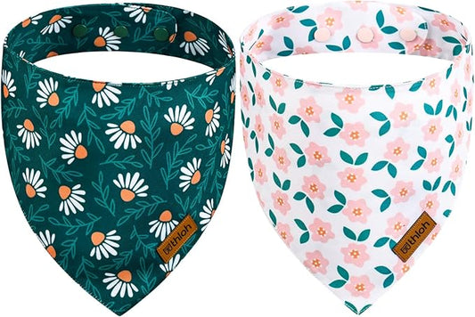 Spring Dog Bandanas with Snap Button, 2 Pack Floral Dog Scarf for Boy & Girl, Durable Fabric, Adjustable Fit, Unique Shape, Gift for Dogs, Daisy Bandana for Large and Extra Large Dogs (X-Large)