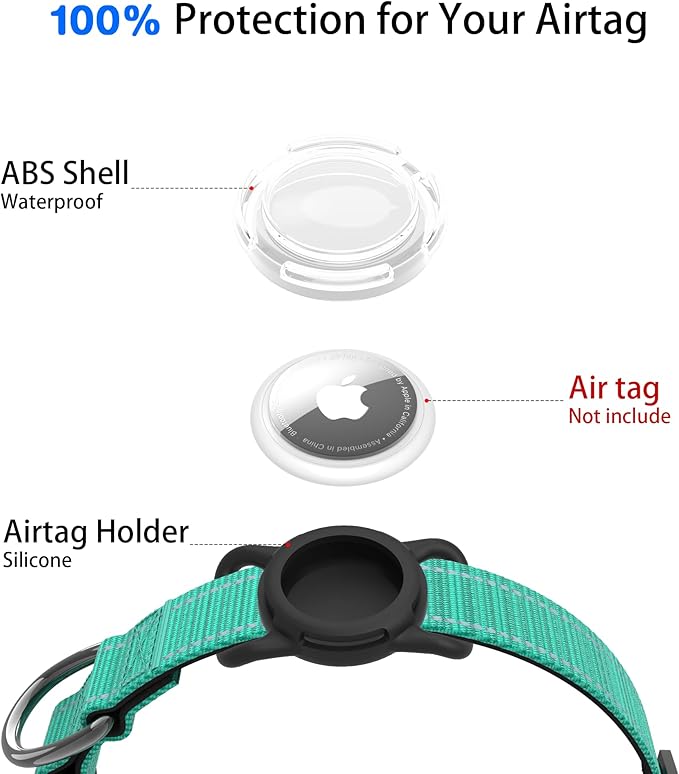Dog Collar with QR Code, Reflective Dog Collar, Soft Neoprene Padded & Safety Locking Buckle Adjustable Pet Collar (Teal, L-with Airtag Holder)