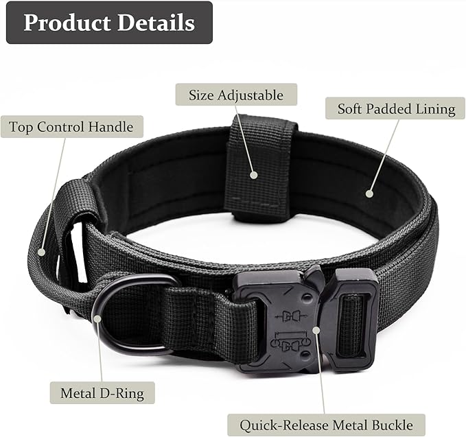 Tactical Dog Collar, Adjustable Military Training Nylon Dog Collar with Control Handle and Heavy Quick-Release Metal Buckle for Small Medium Large Dogs, Black XXL