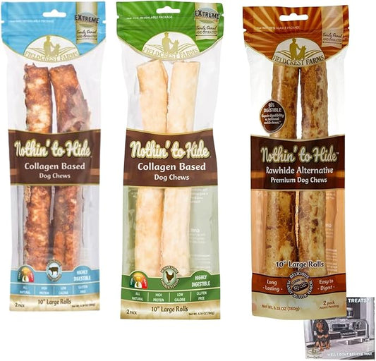 Fieldcrest Farms Nothing to Hide Natural Rawhide Alternative Large 10" Rolls for Dogs - 3 Pack Bundle (Chicken, Beef, Peanut Butter) Premium Grade Easily Digestible Chews - Great for Dental Health