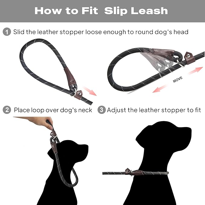 TwoEar Dog Slip Rope Leash - 1/2" x 6FT Heavy Duty Training Leash with Reflective Threads for Small to Large Dogs (Black)
