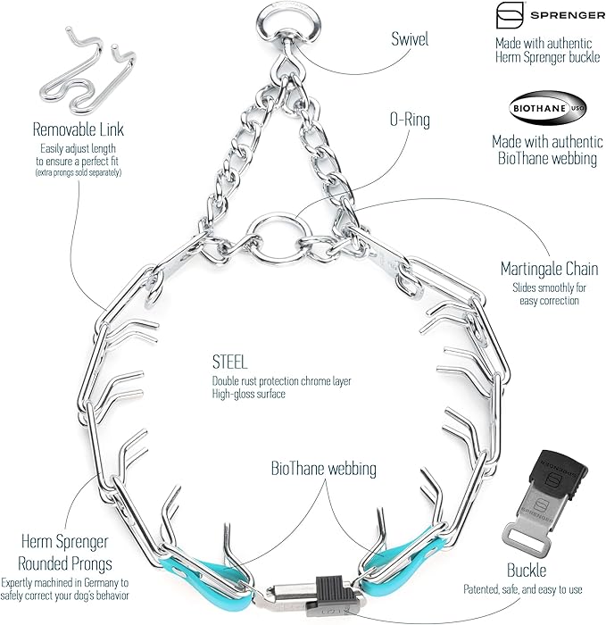 Herm Sprenger Chrome Plated Steel Dog Collar with Quick Release ClicLock Buckle and Biothane Insert Training Collar for Dogs Made in Germany (Sky Blue, 25in x 4.0mm(Neck Size up to21-22in))