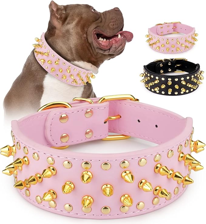 Wide Gold Spiked Dog Collar, Epesiri Dog Chain Collars, Mushroom Rivet PU Leather Dog Collars, Adjustable Durable Spike Studded Pet Collar for Pitbull Mastiff Bulldog Pugs Husky Rottweiler