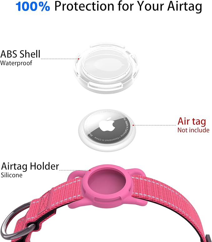 Dog Collar with QR Code, Reflective Dog Collar, Soft Neoprene Padded & Safety Locking Buckle Adjustable Pet Collar (Rose, M-with Airtag Holder)