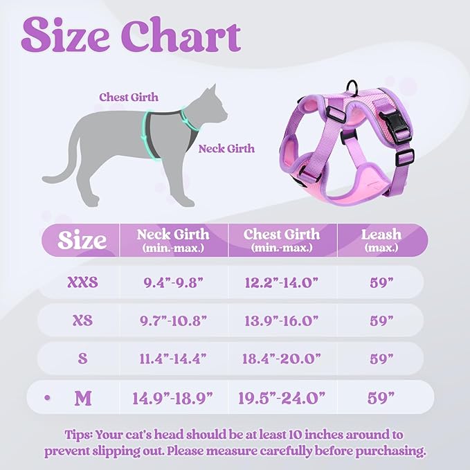 rabbitgoo Cat Harness and Leash Set, Escape Proof Soft Adjustable Vest Harnesses for Outdoor Walking, Easy Control Breathable Kitten Jacket with Reflective Strips, Pink & Purple, M