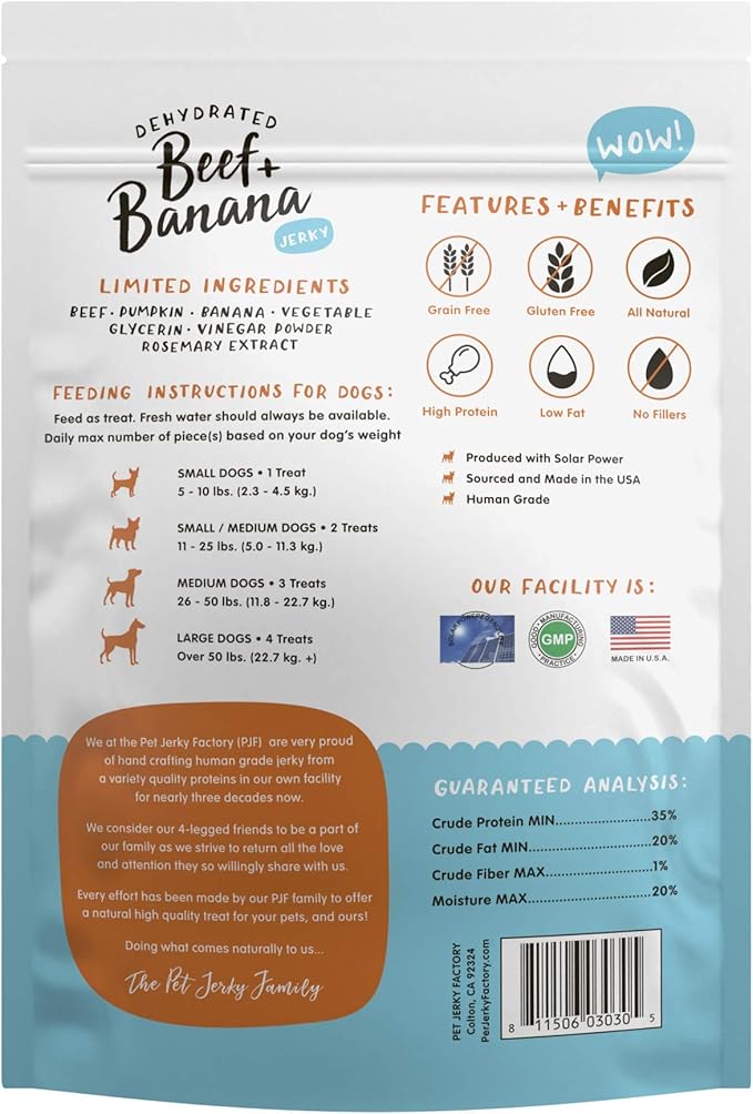 Pet Jerky Factory Premium Beef and Banana 5 oz. Dog Jerky Treats | 100% Human Grade | USA Made | High Protein | Grain Free | Limited Ingredients | No Filler | BHA-BHT Free | Soft-Tender