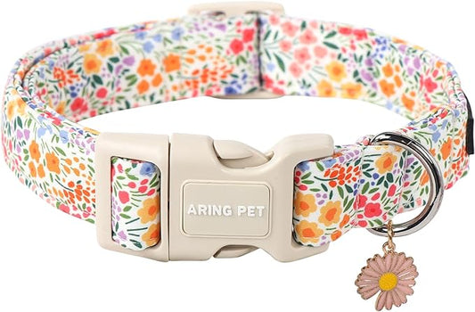 ARING PET Medium Floral Dog Collar - Adjustable Cotton, Reflective, Airtag Compatible