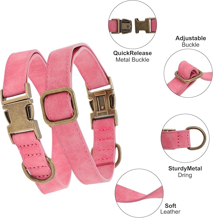 Dog Collar, Soft PU Durable Heavy Duty with Quick Release Metal Buckle, Puppy, Adjustable for Dogs Large Pink
